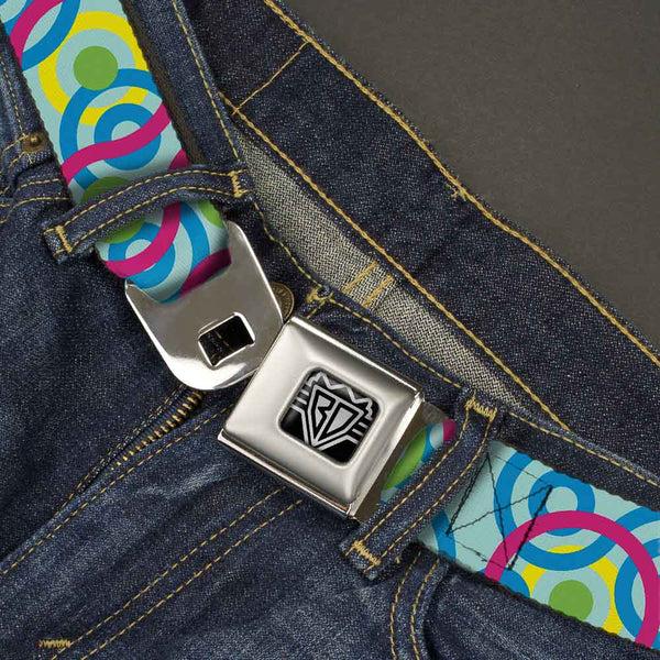 Buckle-Down BD Wings Logo CLOSE-UP Full Color Black Silver Seatbelt Belt - Bullseye Stacked Swirl Blues/Green/Yellow/Pink Webbing