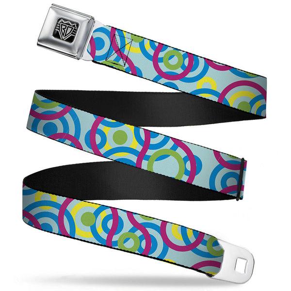 Buckle-Down BD Wings Logo CLOSE-UP Full Color Black Silver Seatbelt Belt - Bullseye Stacked Swirl Blues/Green/Yellow/Pink Webbing