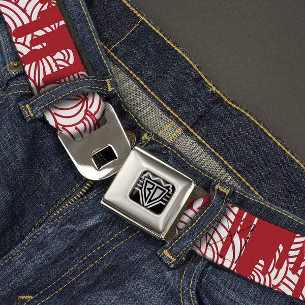 Buckle-Down BD Wings Logo CLOSE-UP Full Color Black Silver Seatbelt Belt - Doodle1/Paint Drips White/Red Webbing