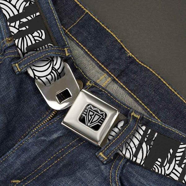 Buckle-Down BD Wings Logo CLOSE-UP Full Color Black Silver Seatbelt Belt - Doodle1/Paint Drips White/Black Webbing