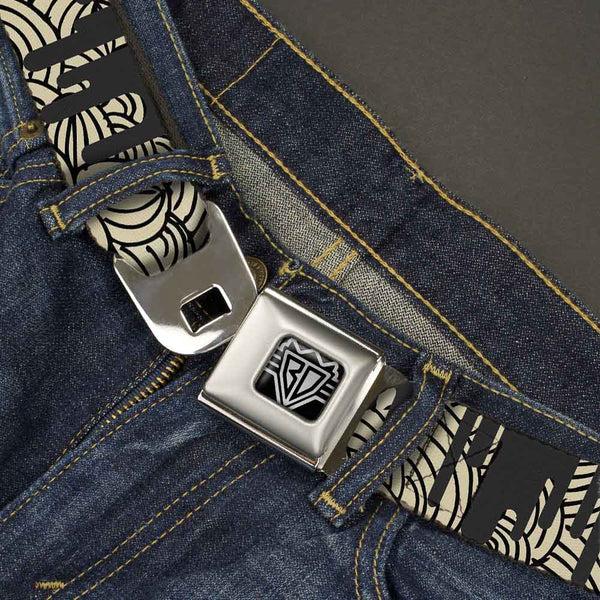 Buckle-Down BD Wings Logo CLOSE-UP Full Color Black Silver Seatbelt Belt - Doodle1/Paint Drips Cream/Black Webbing