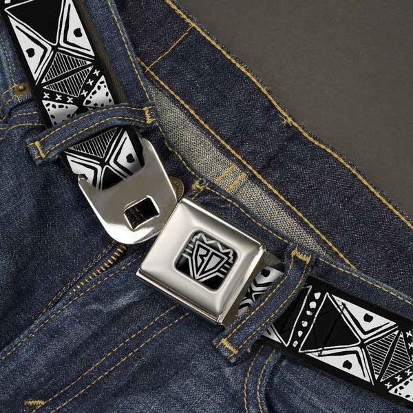 Buckle-Down BD Wings Logo CLOSE-UP Full Color Black Silver Seatbelt Belt - Tribal1 Black/White Webbing