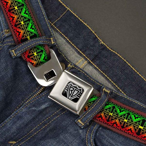 Buckle-Down BD Wings Logo CLOSE-UP Full Color Black Silver Seatbelt Belt - Geomteric2 Black/Red/Yellow/Green Webbing