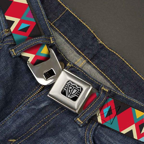 Buckle-Down BD Wings Logo CLOSE-UP Full Color Black Silver Seatbelt Belt - Geometric9 Black/Red/Turquoise/Ivory Webbing