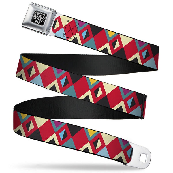 Buckle-Down BD Wings Logo CLOSE-UP Full Color Black Silver Seatbelt Belt - Geometric9 Black/Red/Turquoise/Ivory Webbing