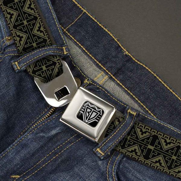 Buckle-Down BD Wings Logo CLOSE-UP Full Color Black Silver Seatbelt Belt - Geometric7 Black/Olive Webbing