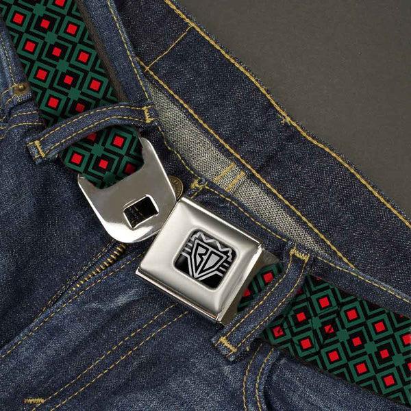 Buckle-Down BD Wings Logo CLOSE-UP Full Color Black Silver Seatbelt Belt - Geometric3 Black/Forest Green/Red Webbing