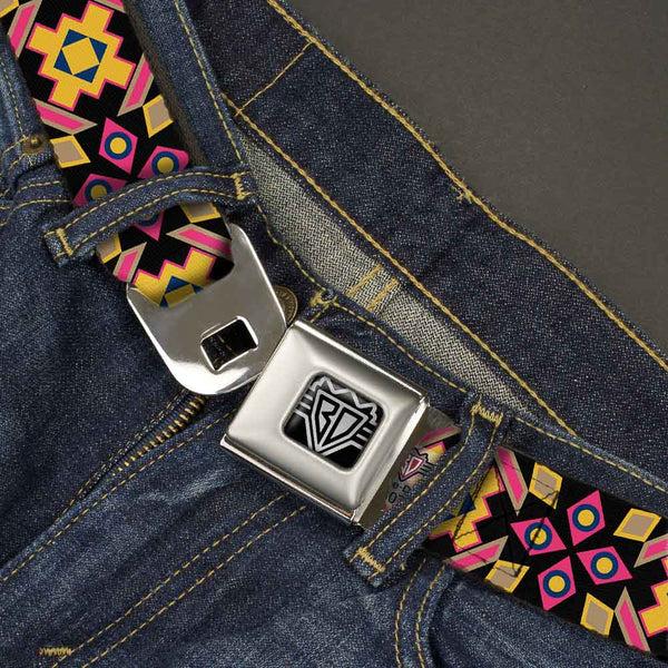 Buckle-Down BD Wings Logo CLOSE-UP Full Color Black Silver Seatbelt Belt - Geometric Sunburst Black/Pink/Yellow/Blue Webbing