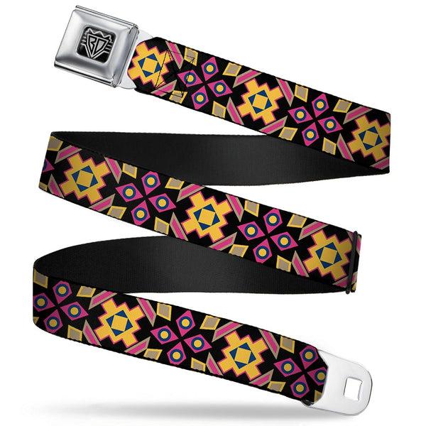 Buckle-Down BD Wings Logo CLOSE-UP Full Color Black Silver Seatbelt Belt - Geometric Sunburst Black/Pink/Yellow/Blue Webbing