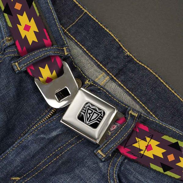 Buckle-Down BD Wings Logo CLOSE-UP Full Color Black Silver Seatbelt Belt - Navajo Orange/Purple/Yellow/Pink/Green/Black Webbing