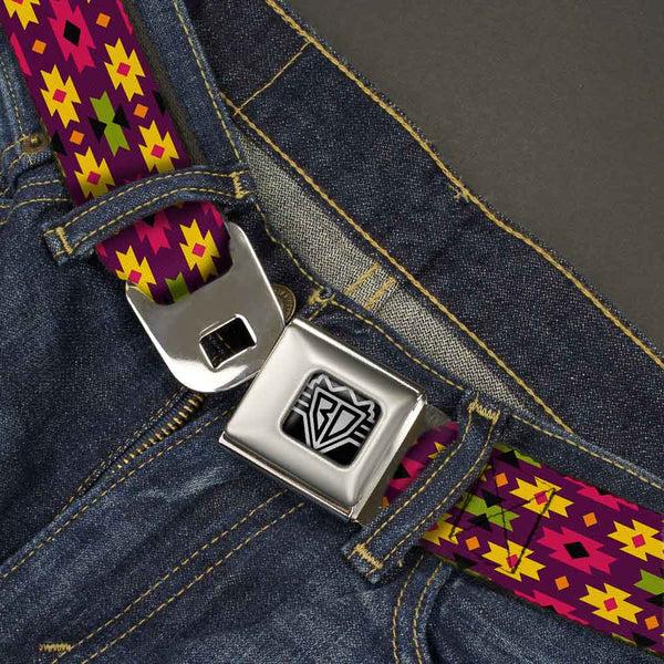 Buckle-Down BD Wings Logo CLOSE-UP Full Color Black Silver Seatbelt Belt - Mini Navajo Purple/Yellow/Pink/Green Webbing