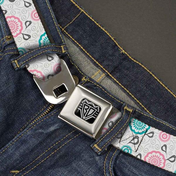 Buckle-Down BD Wings Logo CLOSE-UP Full Color Black Silver Seatbelt Belt - Bird Tapestry White/Gray/Turquoise/Pink Webbing