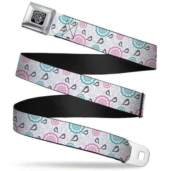 Buckle-Down BD Wings Logo CLOSE-UP Full Color Black Silver Seatbelt Belt - Bird Tapestry White/Gray/Turquoise/Pink Webbing