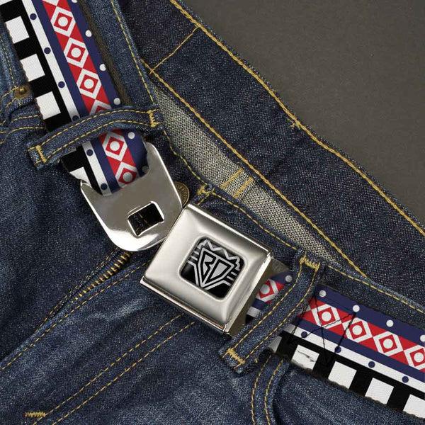 Buckle-Down BD Wings Logo CLOSE-UP Full Color Black Silver Seatbelt Belt - Aztec3 White/Navy/Red/Black Webbing