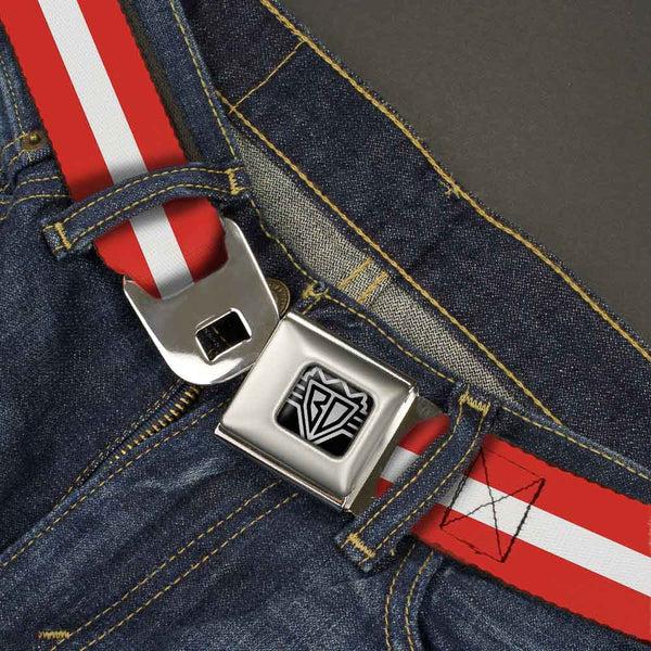 Buckle-Down BD Wings Logo CLOSE-UP Full Color Black Silver Seatbelt Belt - Stripes Red/White/Red Webbing