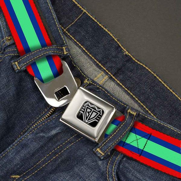 Buckle-Down BD Wings Logo CLOSE-UP Full Color Black Silver Seatbelt Belt - Stripes Red/Blue/Green Webbing