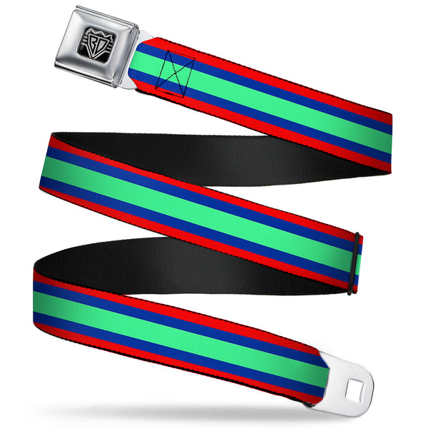 Buckle-Down BD Wings Logo CLOSE-UP Full Color Black Silver Seatbelt Belt - Stripes Red/Blue/Green Webbing