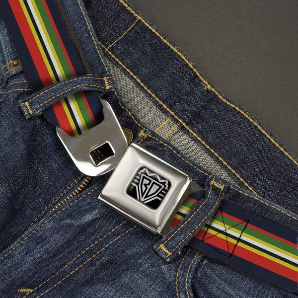 Buckle-Down BD Wings Logo CLOSE-UP Full Color Black Silver Seatbelt Belt - Stripes Navy/Red/Yellow/Black/White/Green Webbing