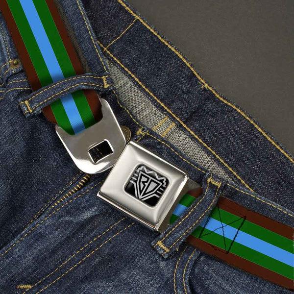 Buckle-Down BD Wings Logo CLOSE-UP Full Color Black Silver Seatbelt Belt - Stripes Brown/Green/Baby Blue Webbing