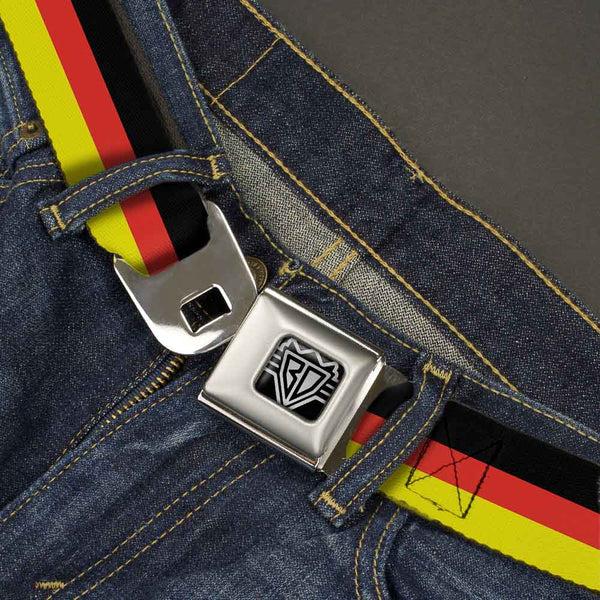 Buckle-Down BD Wings Logo CLOSE-UP Full Color Black Silver Seatbelt Belt - Stripes Black/Red/Yellow Webbing