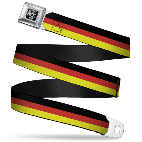 Buckle-Down BD Wings Logo CLOSE-UP Full Color Black Silver Seatbelt Belt - Stripes Black/Red/Yellow Webbing