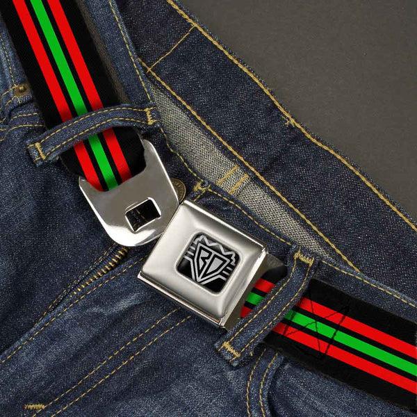 Buckle-Down BD Wings Logo CLOSE-UP Full Color Black Silver Seatbelt Belt - Stripe Trio Black/Red/Green/Black Webbing