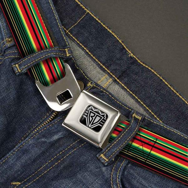 Buckle-Down BD Wings Logo CLOSE-UP Full Color Black Silver Seatbelt Belt - Stripe Transitions Black/Red/Green/Yellow Webbing