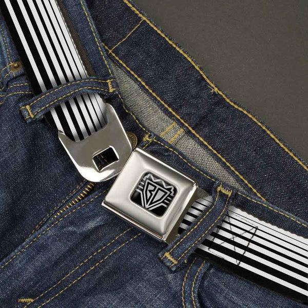 Buckle-Down BD Wings Logo CLOSE-UP Full Color Black Silver Seatbelt Belt - Stripe Transition Black/White Webbing