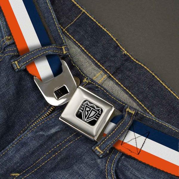 Buckle-Down BD Wings Logo CLOSE-UP Full Color Black Silver Seatbelt Belt - Stripe Navy/White/Orange Webbing