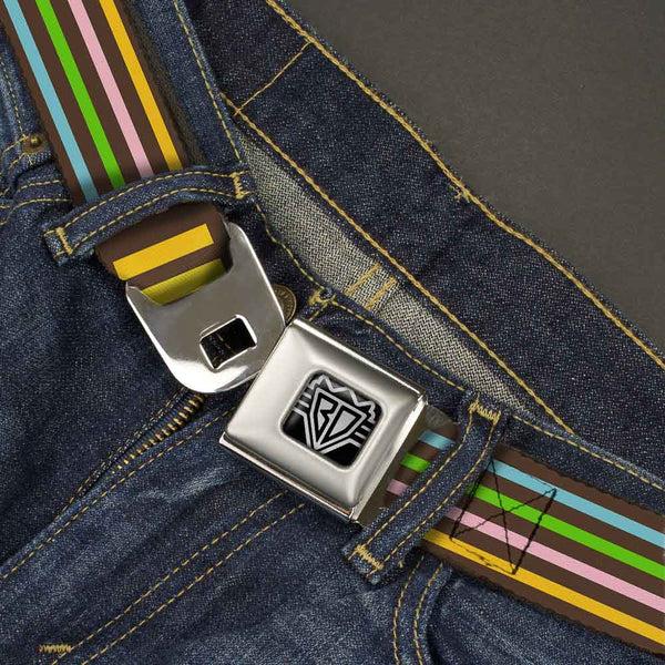 Buckle-Down BD Wings Logo CLOSE-UP Full Color Black Silver Seatbelt Belt - Stripe Blocks Brown/Multi Pastel Webbing