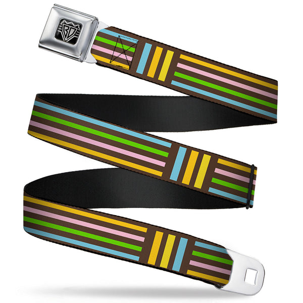 Buckle-Down BD Wings Logo CLOSE-UP Full Color Black Silver Seatbelt Belt - Stripe Blocks Brown/Multi Pastel Webbing