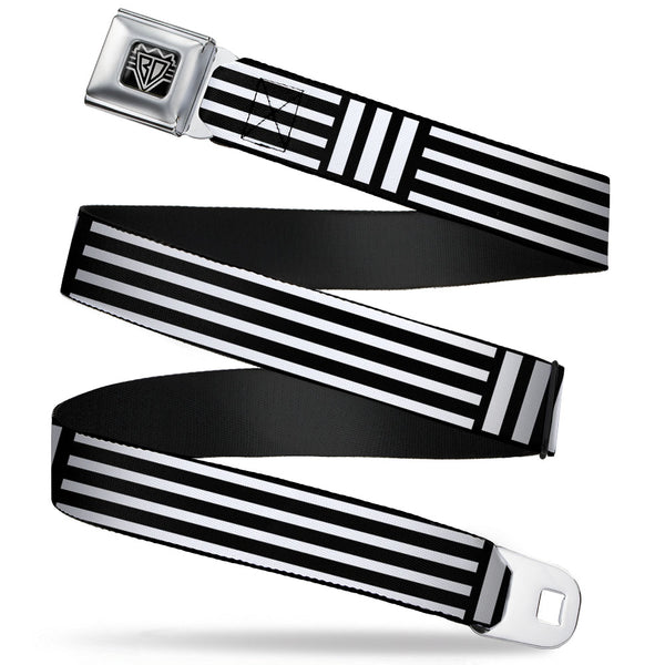 Buckle-Down BD Wings Logo CLOSE-UP Full Color Black Silver Seatbelt Belt - Stripe Blocks Black/White Webbing
