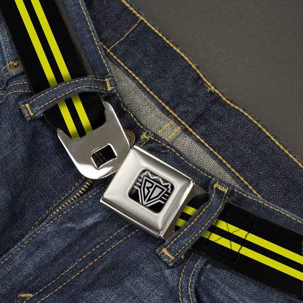 Buckle-Down BD Wings Logo CLOSE-UP Full Color Black Silver Seatbelt Belt - Stripe Black/Yellow Webbing
