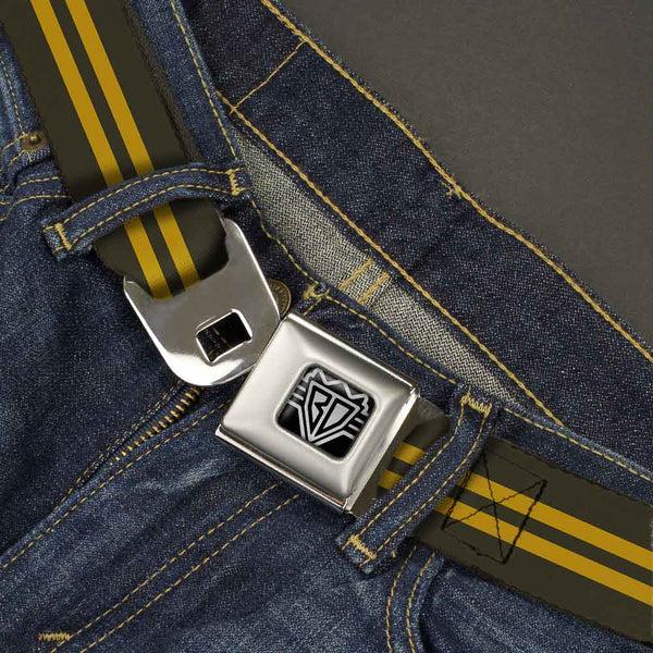 Buckle-Down BD Wings Logo CLOSE-UP Full Color Black Silver Seatbelt Belt - Stripe Black/Gold Webbing