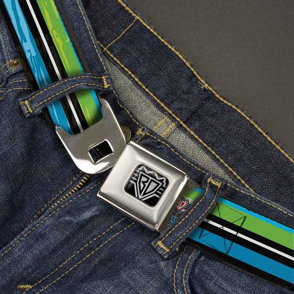 Buckle-Down BD Wings Logo CLOSE-UP Full Color Black Silver Seatbelt Belt - Scribble Stripes Blue/Green/White Webbing