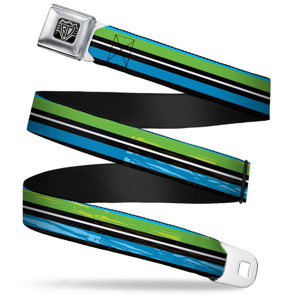 Buckle-Down BD Wings Logo CLOSE-UP Full Color Black Silver Seatbelt Belt - Scribble Stripes Blue/Green/White Webbing