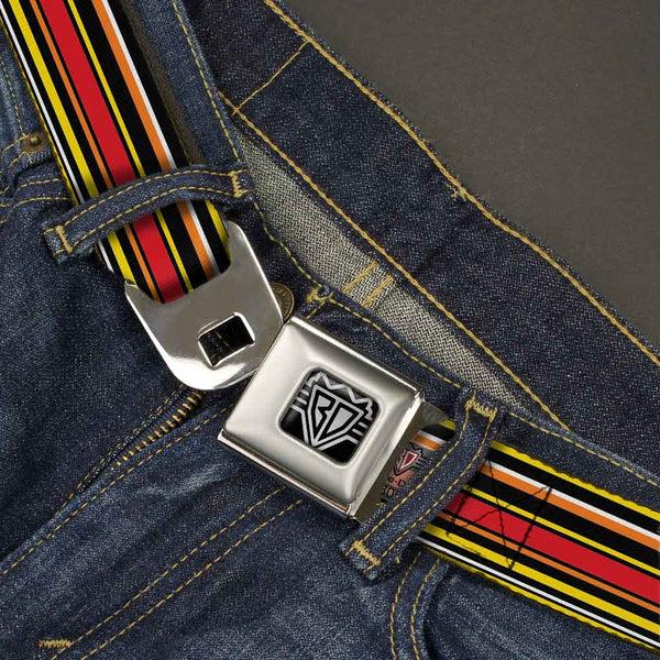 Buckle-Down BD Wings Logo CLOSE-UP Full Color Black Silver Seatbelt Belt - Fine Stripes Black/Yellows/Orange/Red/White Webbing