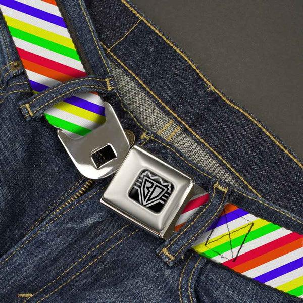 Buckle-Down BD Wings Logo CLOSE-UP Full Color Black Silver Seatbelt Belt - Diagonal Stripes White/Multi Neon Webbing