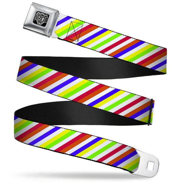 Buckle-Down BD Wings Logo CLOSE-UP Full Color Black Silver Seatbelt Belt - Diagonal Stripes White/Multi Neon Webbing