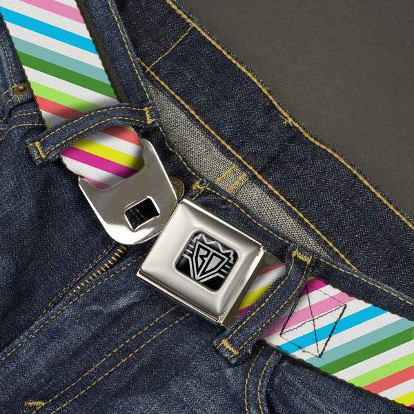 Buckle-Down BD Wings Logo CLOSE-UP Full Color Black Silver Seatbelt Belt - Diagonal Stripes White/Multi Color Webbing