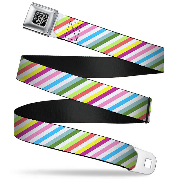 Buckle-Down BD Wings Logo CLOSE-UP Full Color Black Silver Seatbelt Belt - Diagonal Stripes White/Multi Color Webbing