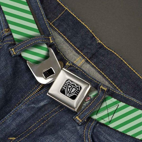 Buckle-Down BD Wings Logo CLOSE-UP Full Color Black Silver Seatbelt Belt - Diagonal Stripes Pastel Greens Webbing