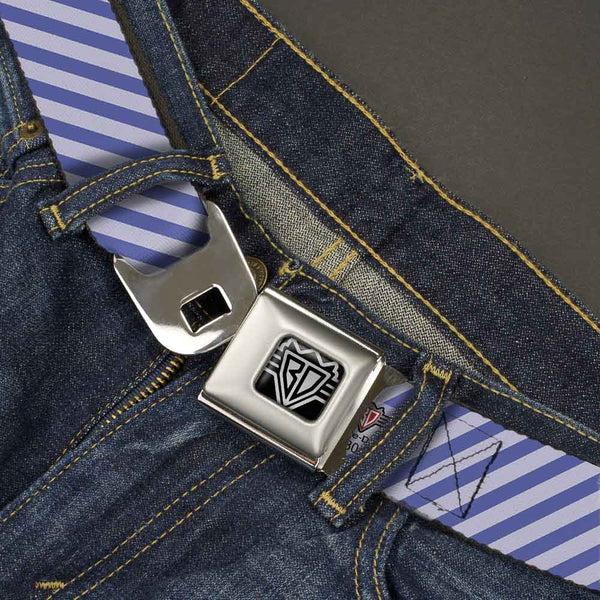 Buckle-Down BD Wings Logo CLOSE-UP Full Color Black Silver Seatbelt Belt - Diagonal Stripes Pastel Blues Webbing