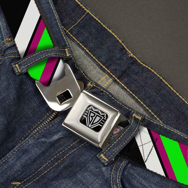 Buckle-Down BD Wings Logo CLOSE-UP Full Color Black Silver Seatbelt Belt - Diagonal Stripes Black/White/Pink/Green Webbing