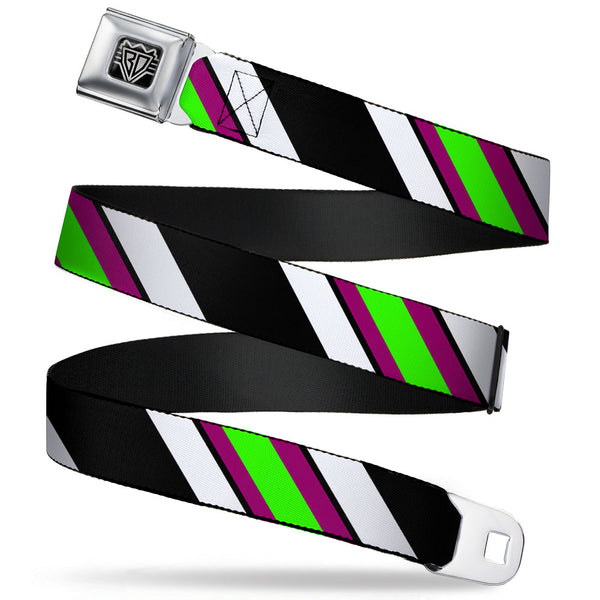 Buckle-Down BD Wings Logo CLOSE-UP Full Color Black Silver Seatbelt Belt - Diagonal Stripes Black/White/Pink/Green Webbing