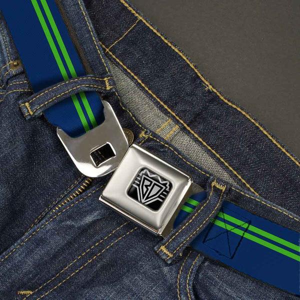 Buckle-Down BD Wings Logo CLOSE-UP Full Color Black Silver Seatbelt Belt - Racing Stripe Navy/Bright Green Webbing