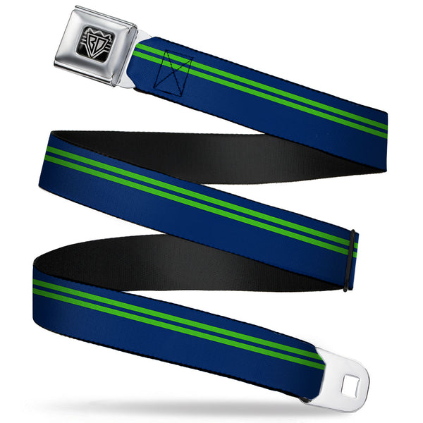 Buckle-Down BD Wings Logo CLOSE-UP Full Color Black Silver Seatbelt Belt - Racing Stripe Navy/Bright Green Webbing