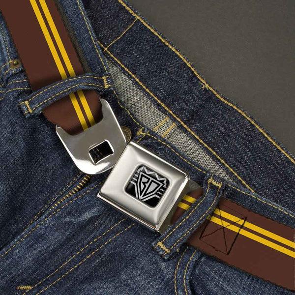 Buckle-Down BD Wings Logo CLOSE-UP Full Color Black Silver Seatbelt Belt - Racing Stripe Brown/Gold Webbing