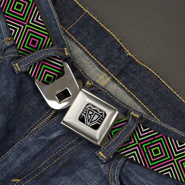 Buckle-Down BD Wings Logo CLOSE-UP Full Color Black Silver Seatbelt Belt - Square Lines Black/Greens/Pinks Webbing