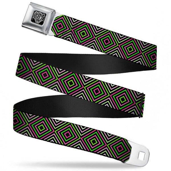 Buckle-Down BD Wings Logo CLOSE-UP Full Color Black Silver Seatbelt Belt - Square Lines Black/Greens/Pinks Webbing